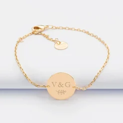 Bracelet chaine Mariée personnalisé médaille gravée plaqué or 2 trous 15 mm