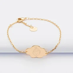 Bracelet chaîne baptême enfant personnalisé médaille gravée plaqué or nuage 2 trous 20x14 mm