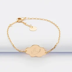Bracelet chaîne baptême enfant personnalisé médaille gravée plaqué or nuage 2 trous 20x14 mm