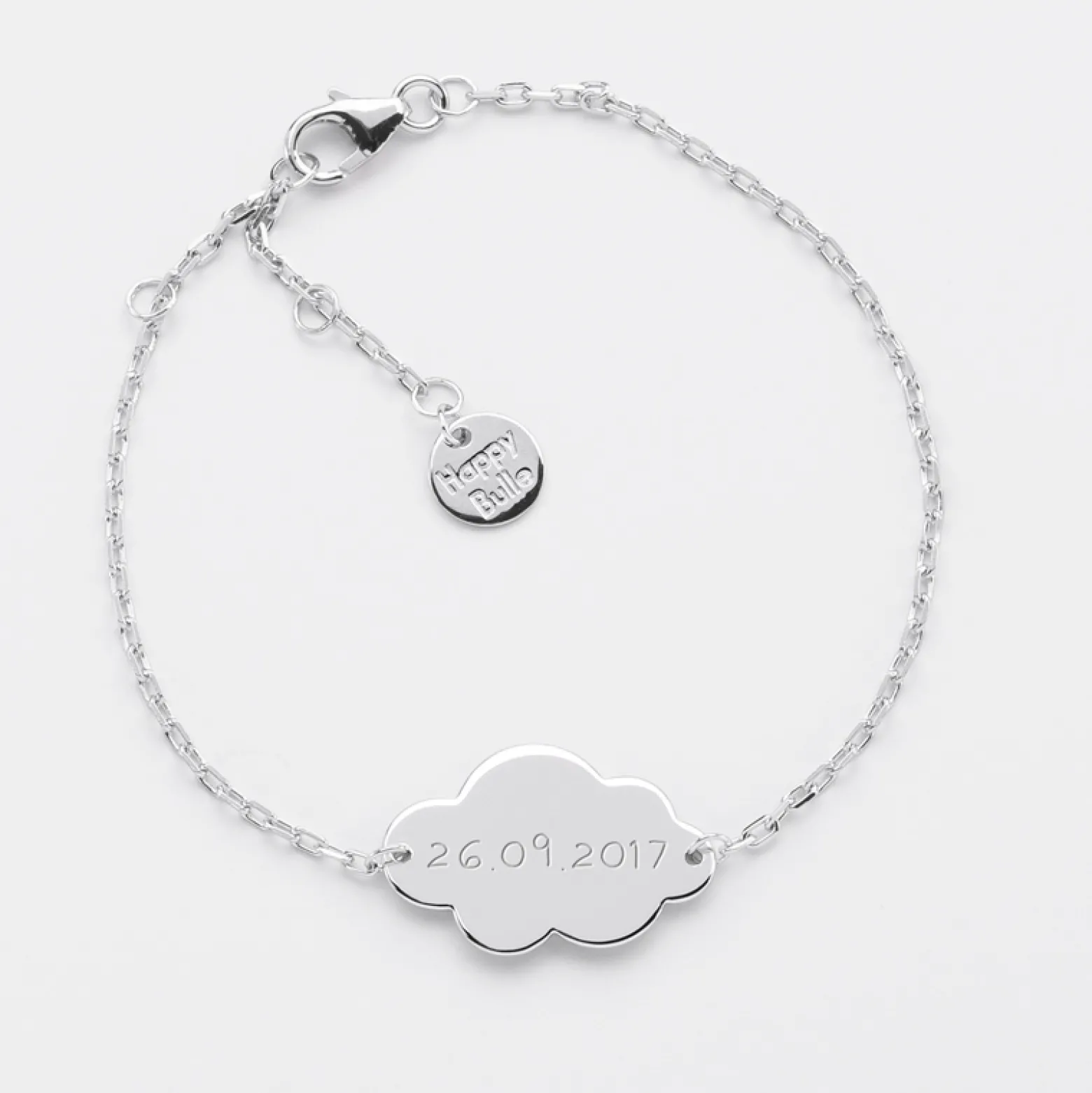 Bracelet chaîne baptême enfant personnalisé médaille gravée argent nuage 2 trous 20x14 mm