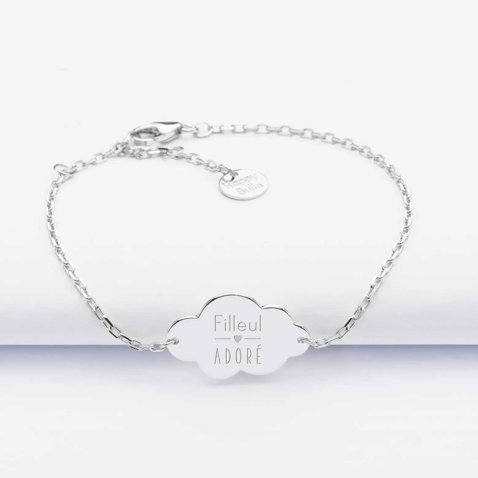 Bracelet chaîne baptême enfant personnalisé médaille gravée argent nuage 2 trous 20x14 mm
