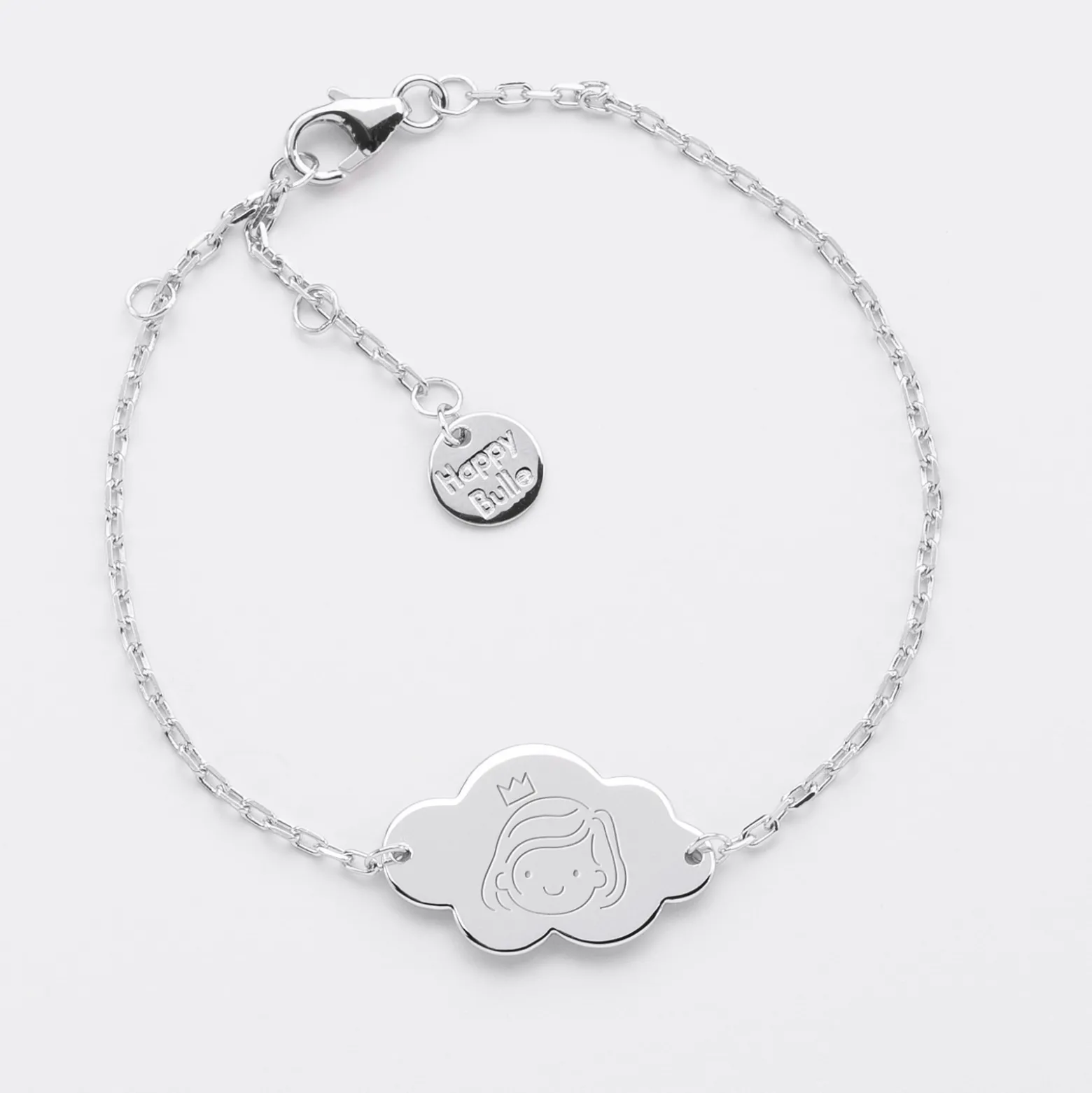Bracelet chaîne baptême enfant personnalisé médaille gravée argent nuage 2 trous 20x14 mm