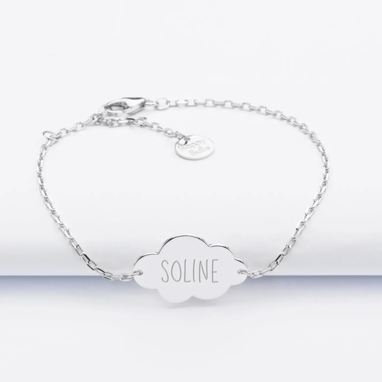 Bracelet chaîne baptême enfant personnalisé médaille gravée argent nuage 2 trous 20x14 mm