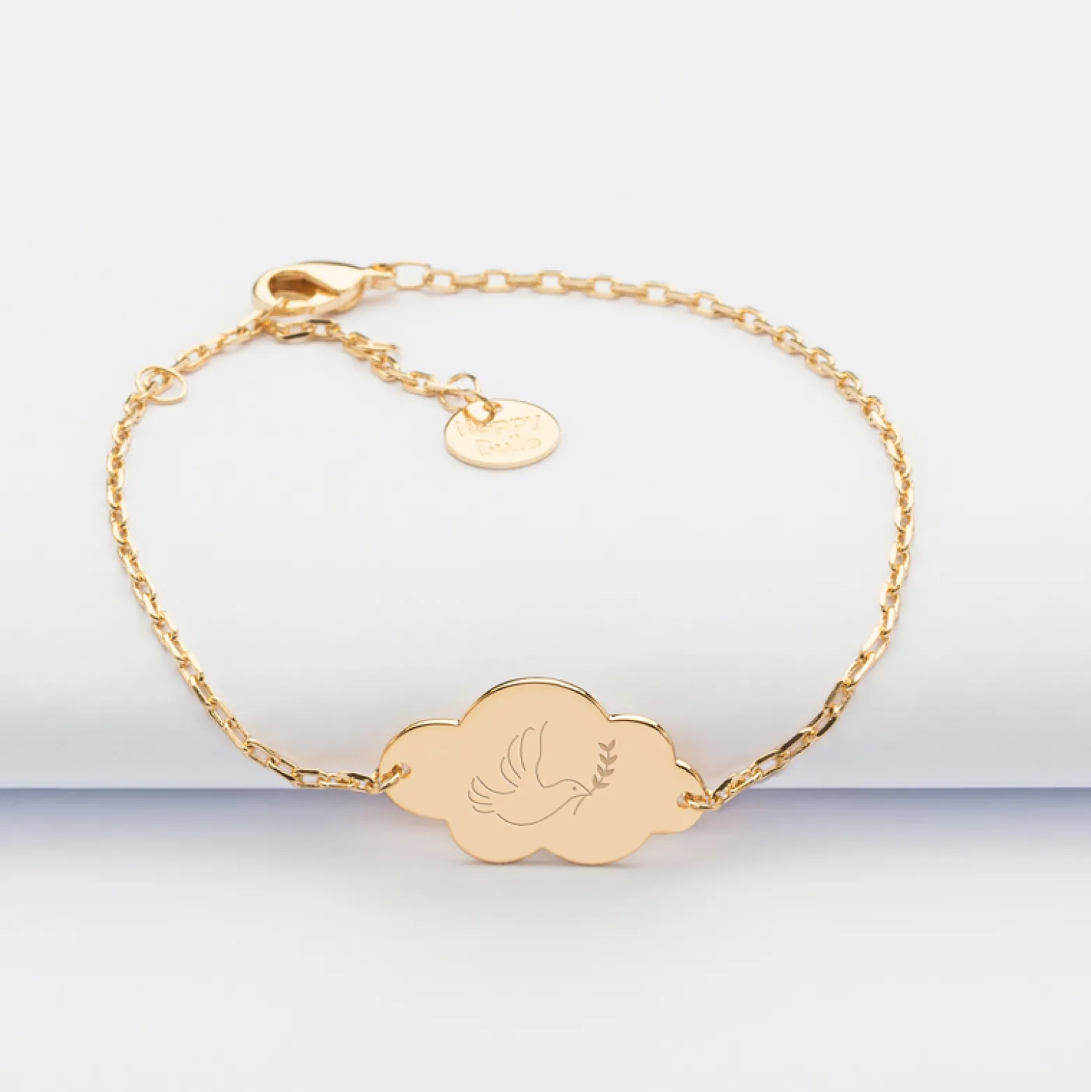 Bracelet chaîne baptême enfant personnalisé médaille gravée plaqué or nuage 2 trous 20x14 mm - Nos petits imparfaits