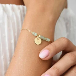 Bracelet chaîne barrette de perles personnalisé médaille gravée plaqué or ronde 10 mm
