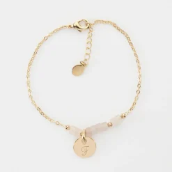 Bracelet chaîne barrette de perles personnalisé médaille gravée plaqué or ronde 10 mm