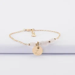 Bracelet chaîne barrette de perles personnalisé médaille gravée plaqué or ronde 10 mm