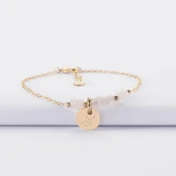Bracelet chaîne barrette de perles personnalisé médaille gravée plaqué or ronde 10 mm