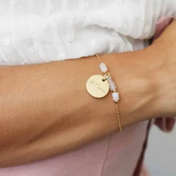 Bracelet chaîne barrette de perles personnalisé médaille gravée plaqué or ronde 15 mm