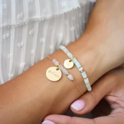 Bracelet chaîne barrette de perles personnalisé médaille gravée plaqué or ronde 15 mm