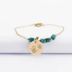 Bracelet chaîne barrette de perles personnalisé médaille gravée plaqué or ronde 15 mm