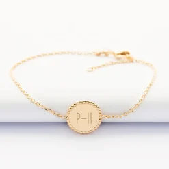 Bracelet chaîne bohème personnalisé médaille gravée plaqué or initiale 11 mm