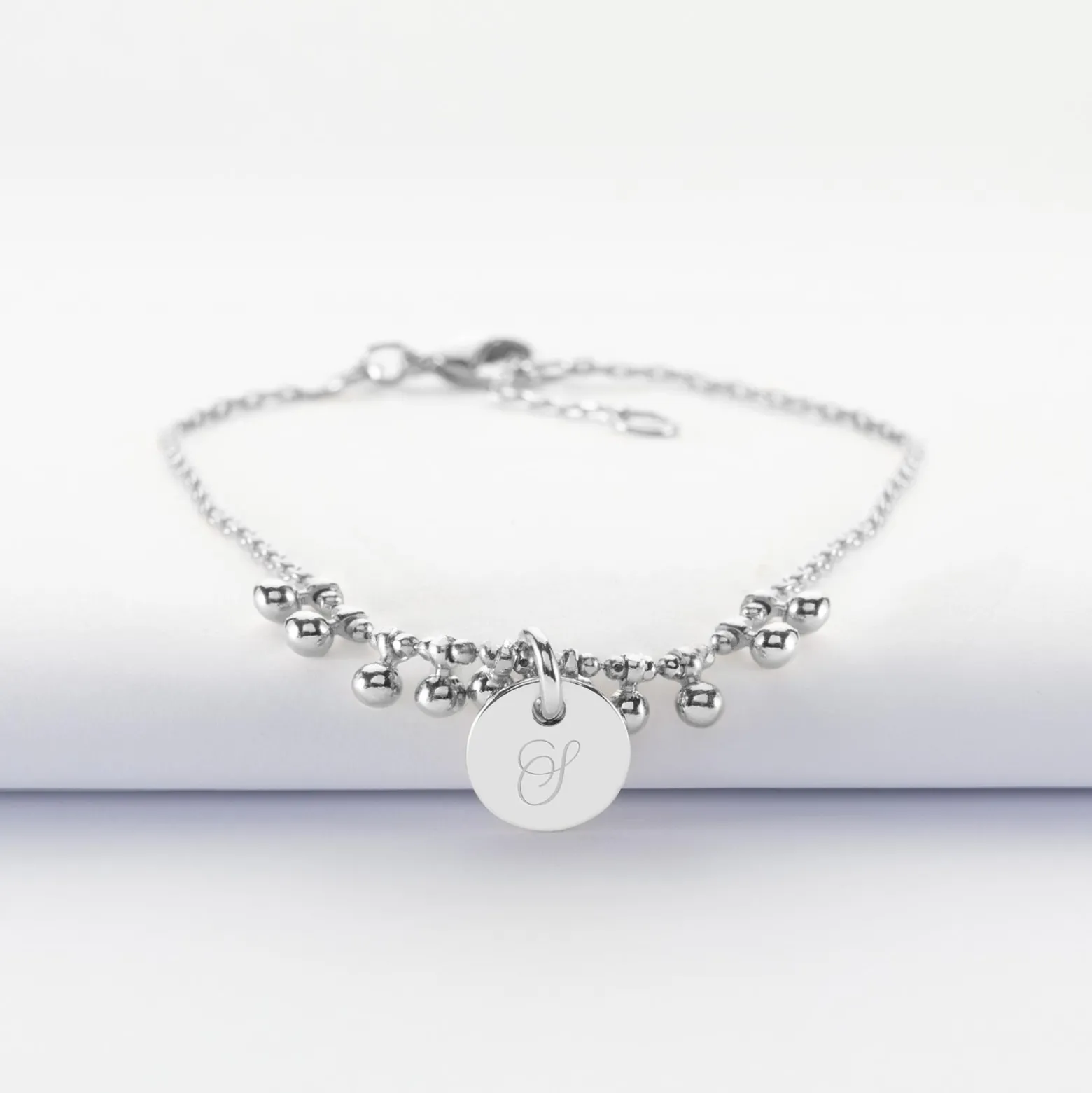 Bracelet chaîne boules personnalisé médaille gravée argent 10 mm
