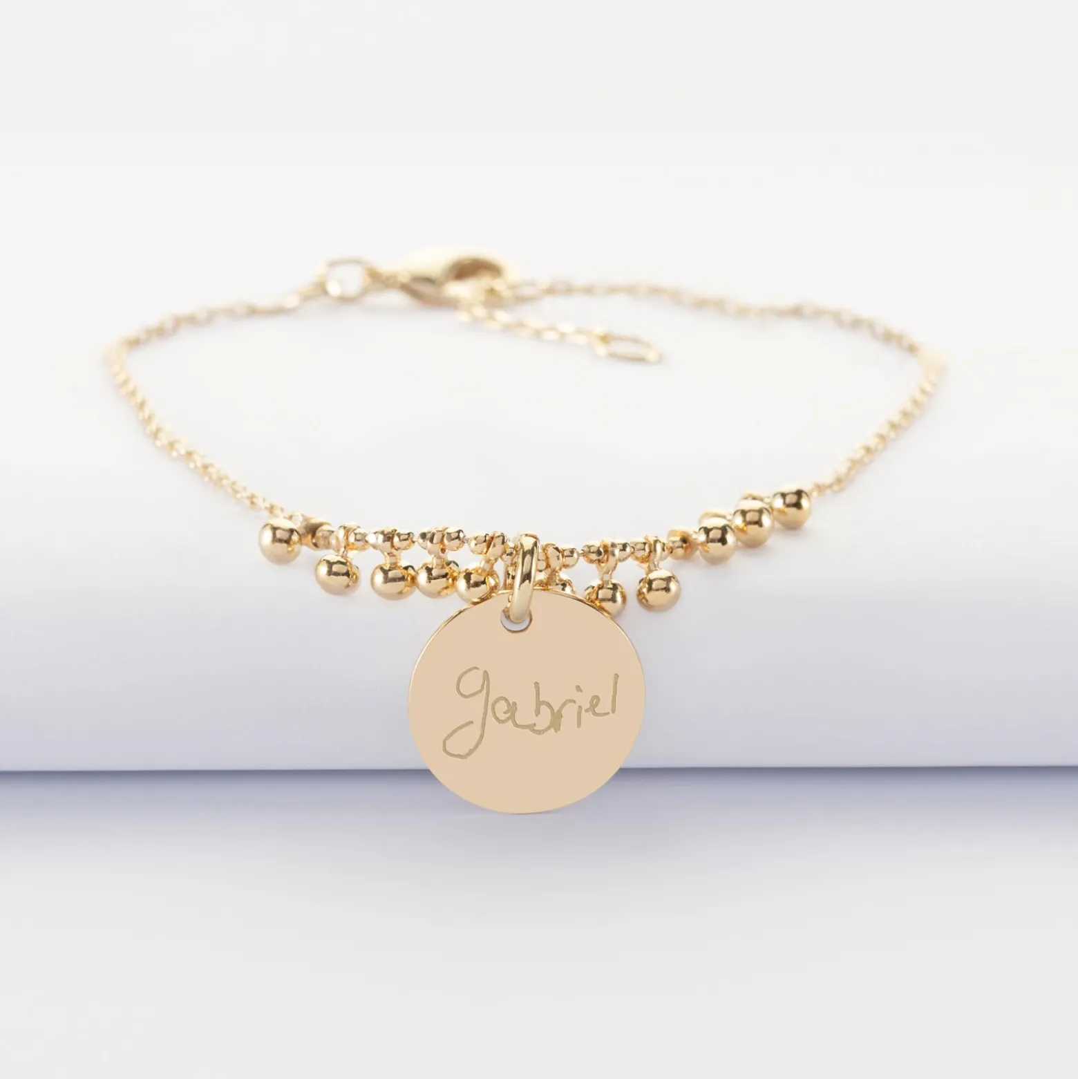Bracelet chaîne boules personnalisé médaille gravée plaqué or 15 mm