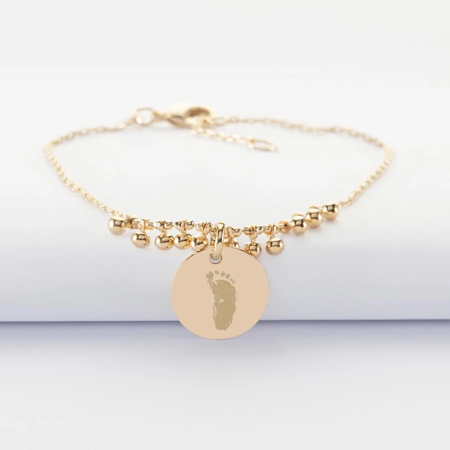 Bracelet chaîne boules personnalisé médaille gravée plaqué or 15 mm
