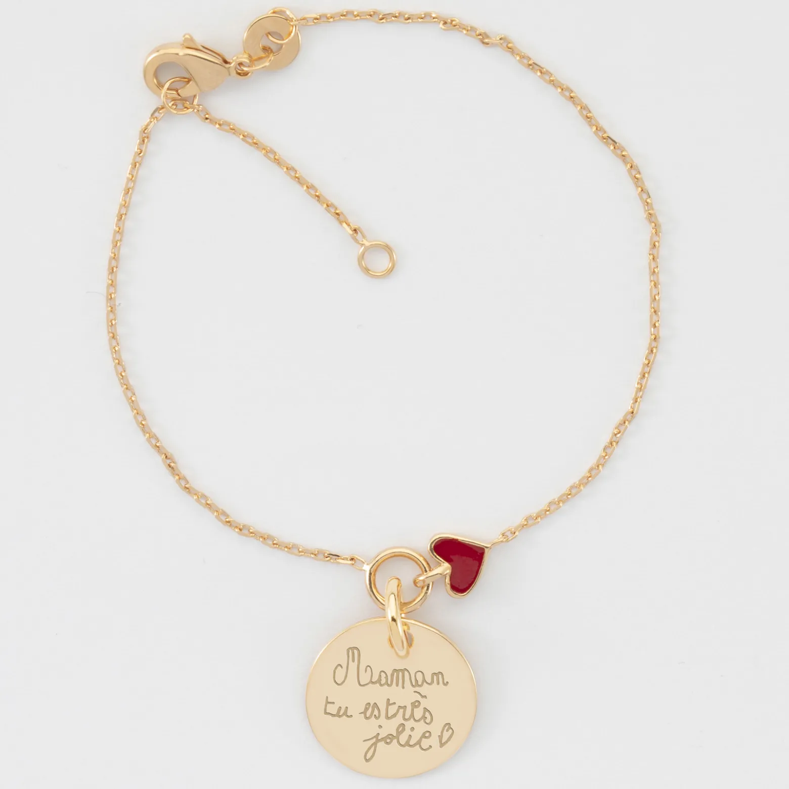 Bracelet chaîne coeur émail rouge personnalisé médaille gravée plaqué or 15 mm