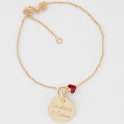 Bracelet chaîne coeur émail rouge personnalisé médaille gravée plaqué or 15 mm