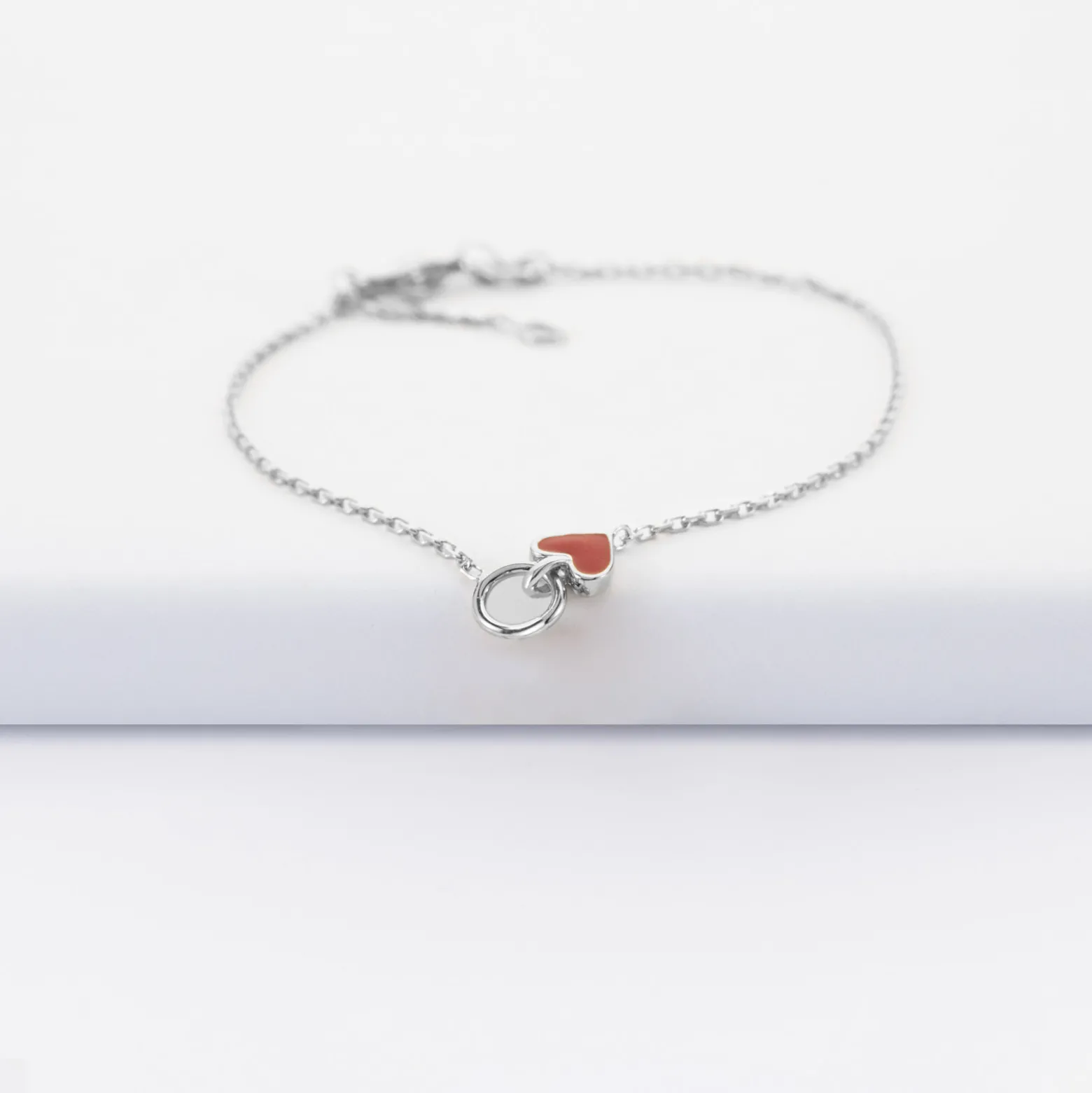 Bracelet chaîne coeur émail rouge argent