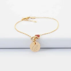 Bracelet chaîne coeur émail rouge personnalisé médaille gravée plaqué or 10 mm