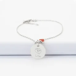 Bracelet chaîne coeur émail rouge personnalisé médaille gravée argent 15 mm