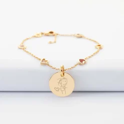 Bracelet chaîne coeurs ajourés et email personnalisé médaille gravée plaqué or 15 mm