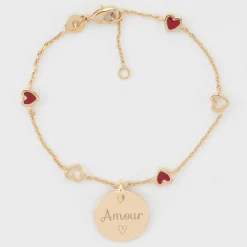 Bracelet chaîne coeurs ajourés et email personnalisé médaille gravée plaqué or 15 mm