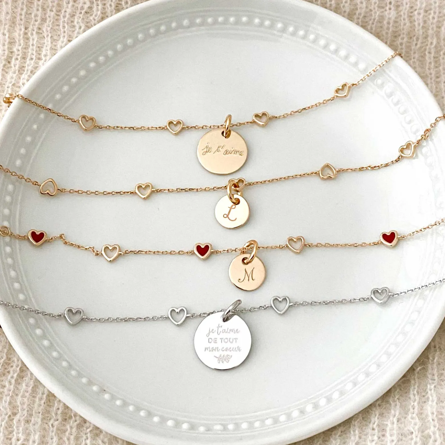 Bracelet chaîne coeurs ajourés personnalisé médaille gravée argent 15 mm