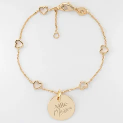 Bracelet chaîne coeurs ajourés Mariée personnalisé médaille gravée plaqué or 15 mm