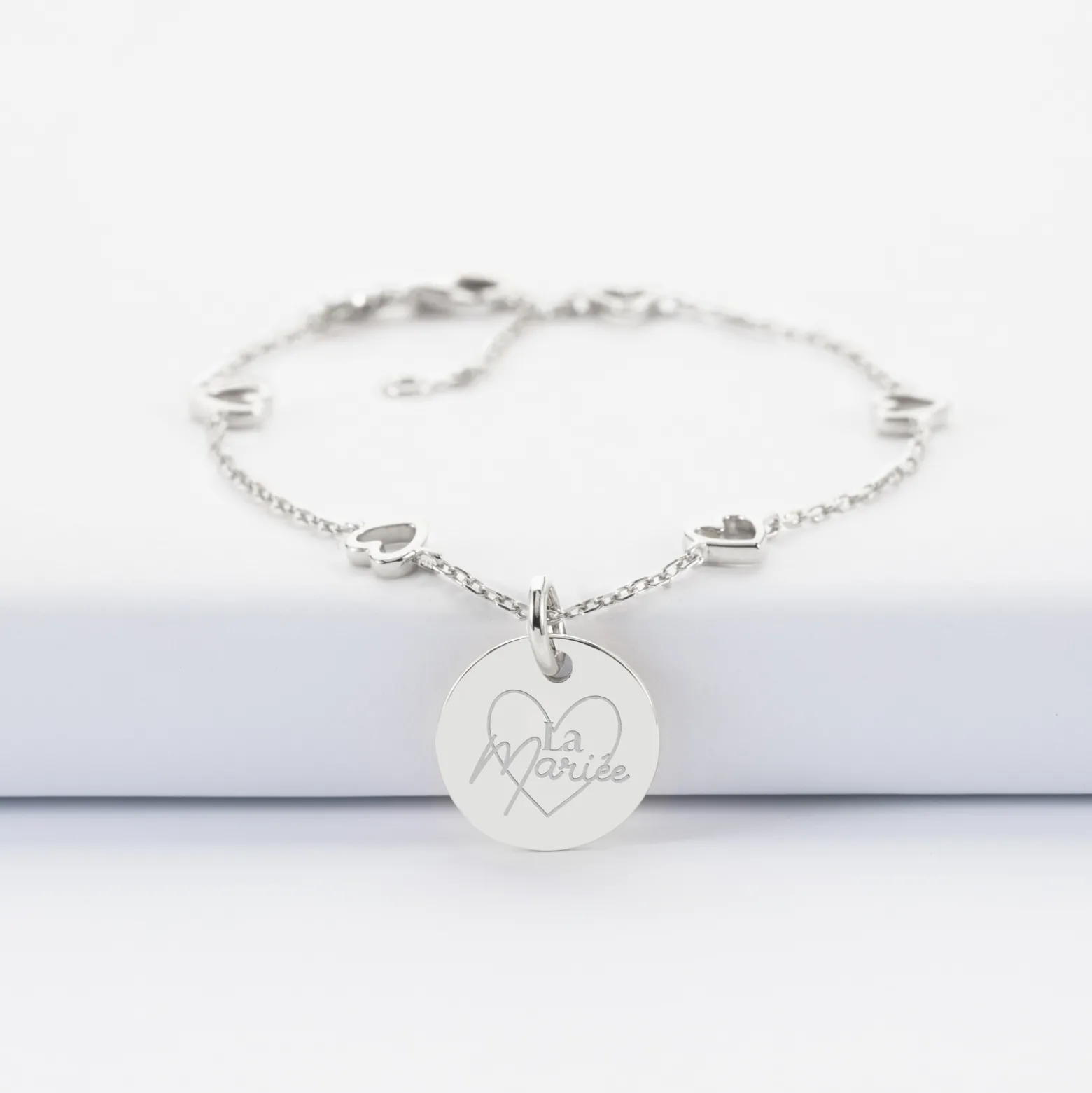 Bracelet chaîne coeurs ajourés Mariée personnalisé médaille gravée argent 15 mm