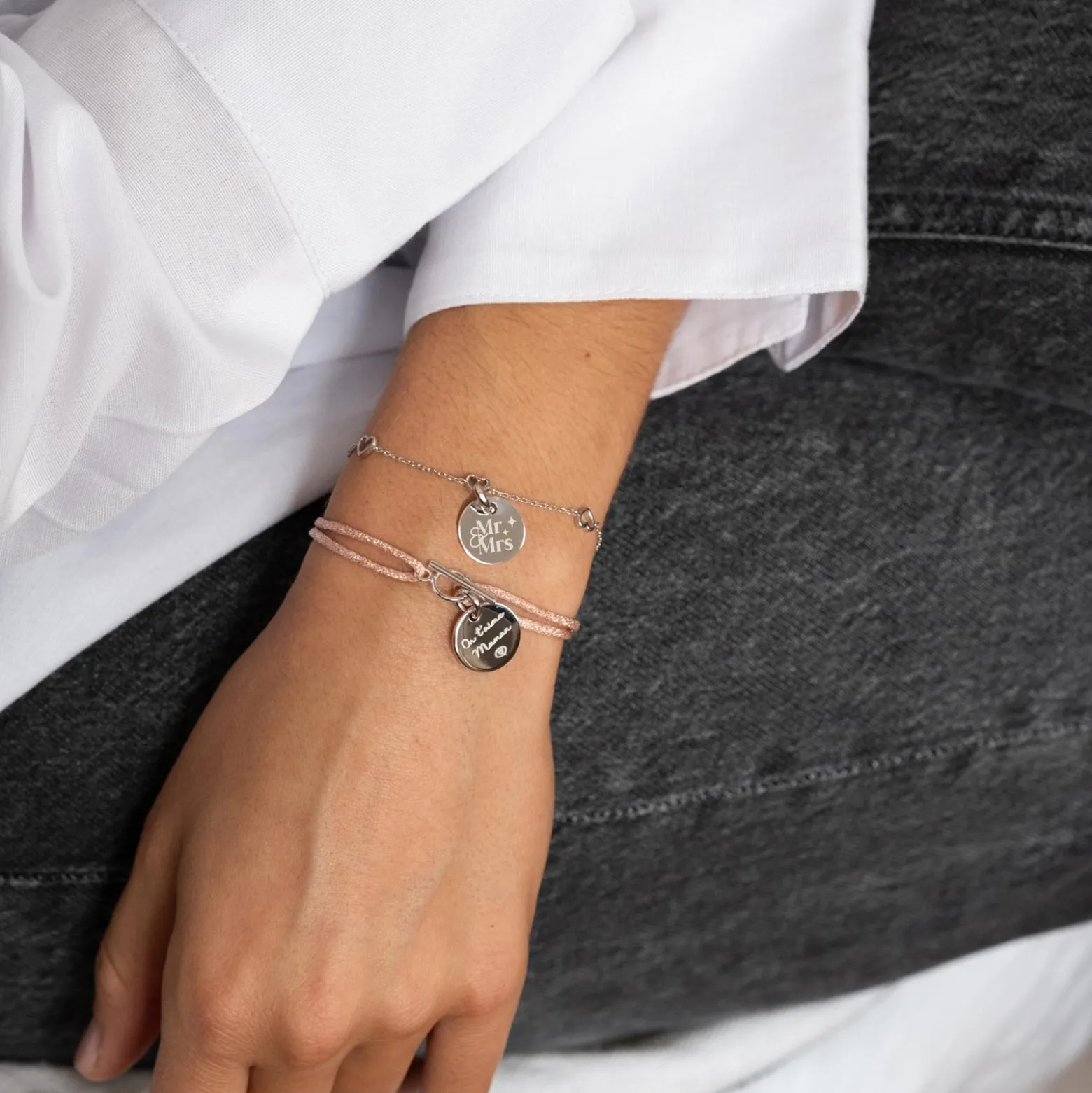 Bracelet chaîne coeurs ajourés Mariée personnalisé médaille gravée argent 15 mm