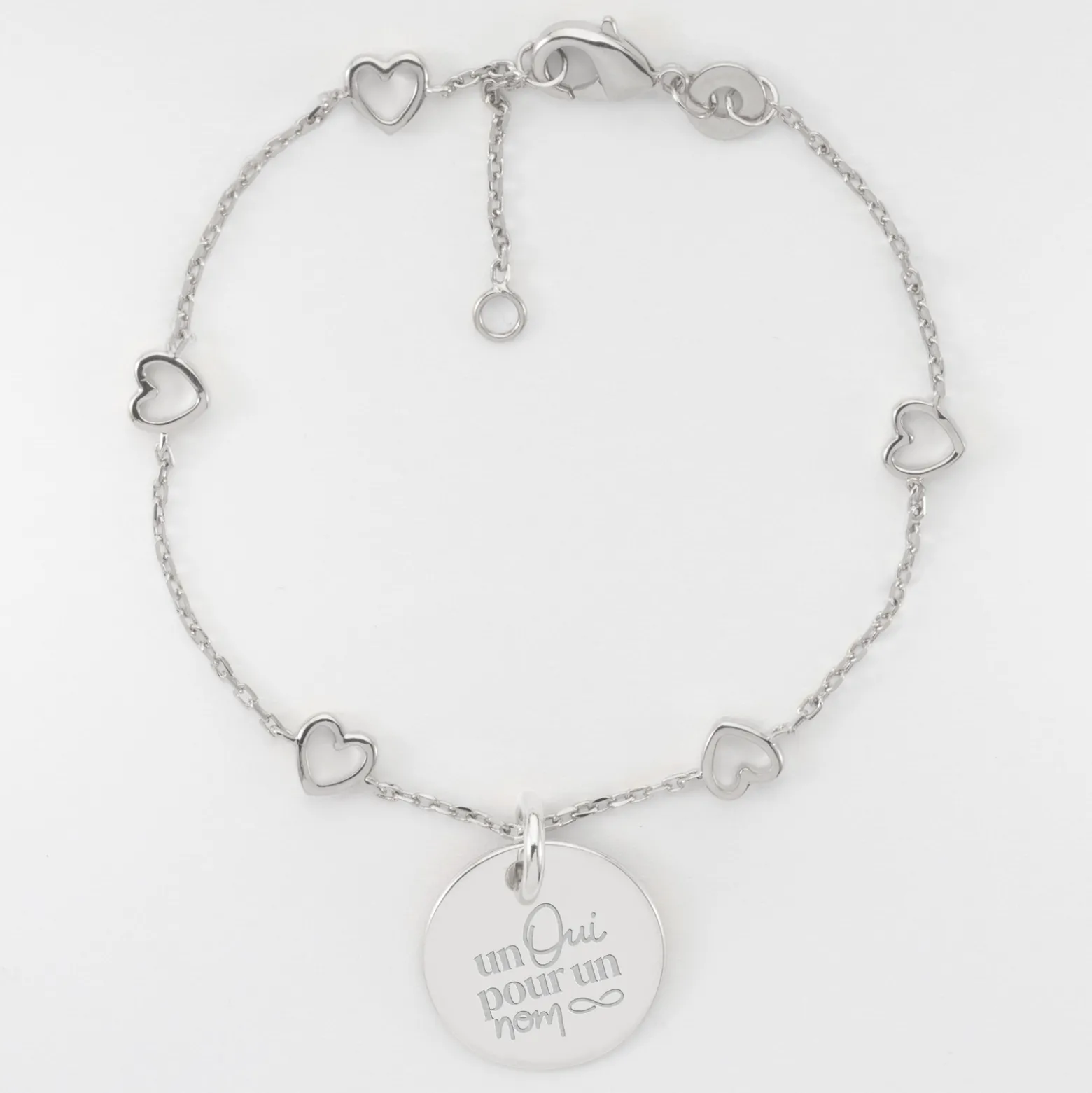 Bracelet chaîne coeurs ajourés Mariée personnalisé médaille gravée argent 15 mm