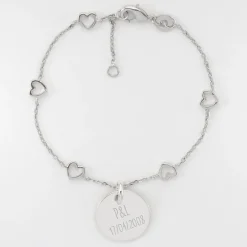 Bracelet chaîne coeurs ajourés Mariée personnalisé médaille gravée argent 15 mm