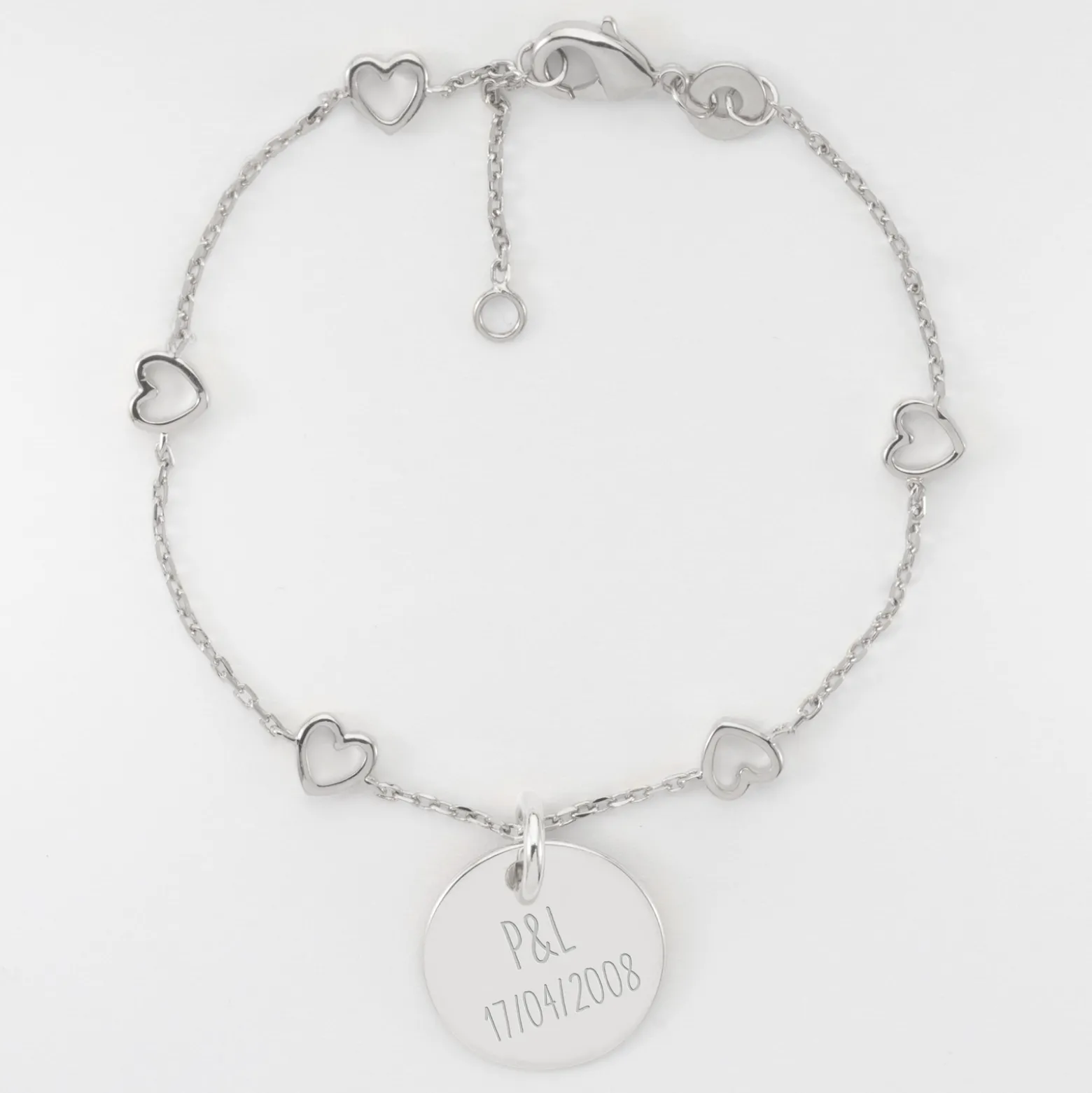 Bracelet chaîne coeurs ajourés Mariée personnalisé médaille gravée argent 15 mm