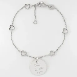 Bracelet chaîne coeurs ajourés Mariée personnalisé médaille gravée argent 15 mm