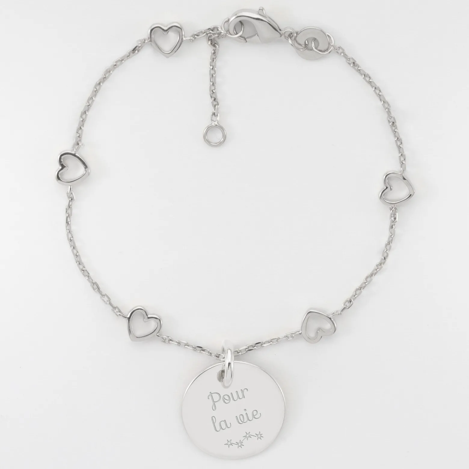 Bracelet chaîne coeurs ajourés Mariée personnalisé médaille gravée argent 15 mm
