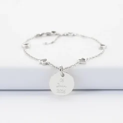 Bracelet chaîne coeurs ajourés Mariée personnalisé médaille gravée argent 15 mm