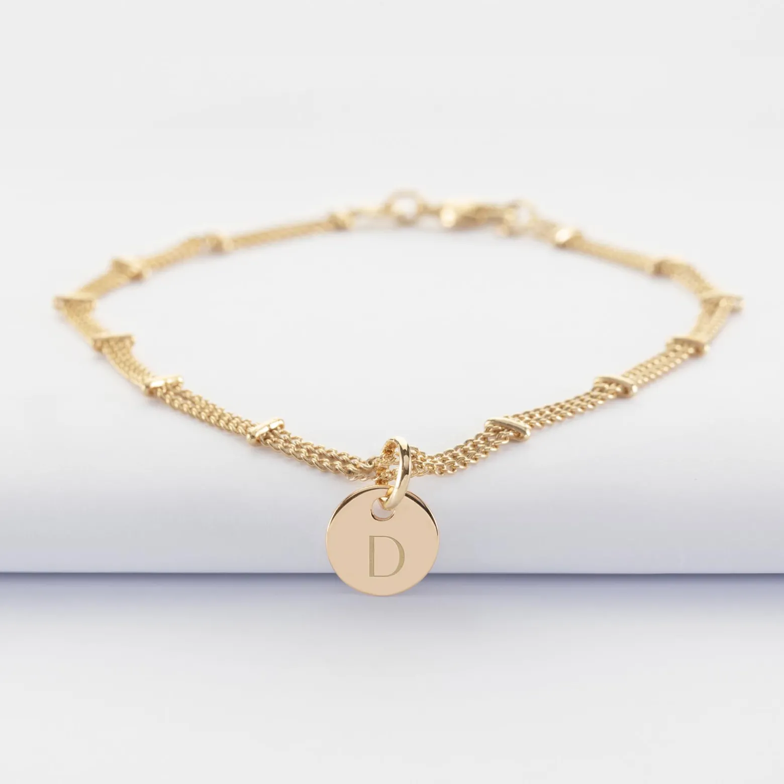 Bracelet chaîne double personnalisé médaille gravée plaqué or 10 mm