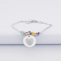 Bracelet chaîne enfant cœur email multicolore personnalisé médaille gravée argent 15 mm