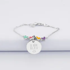Bracelet chaîne enfant cœur email multicolore personnalisé médaille gravée argent 15 mm