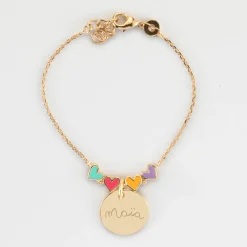 Bracelet chaîne enfant cœur email multicolore personnalisé médaille gravée plaqué or 15 mm