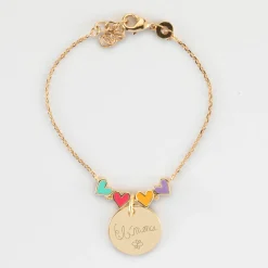 Bracelet chaîne enfant cœur email multicolore personnalisé médaille gravée plaqué or 15 mm