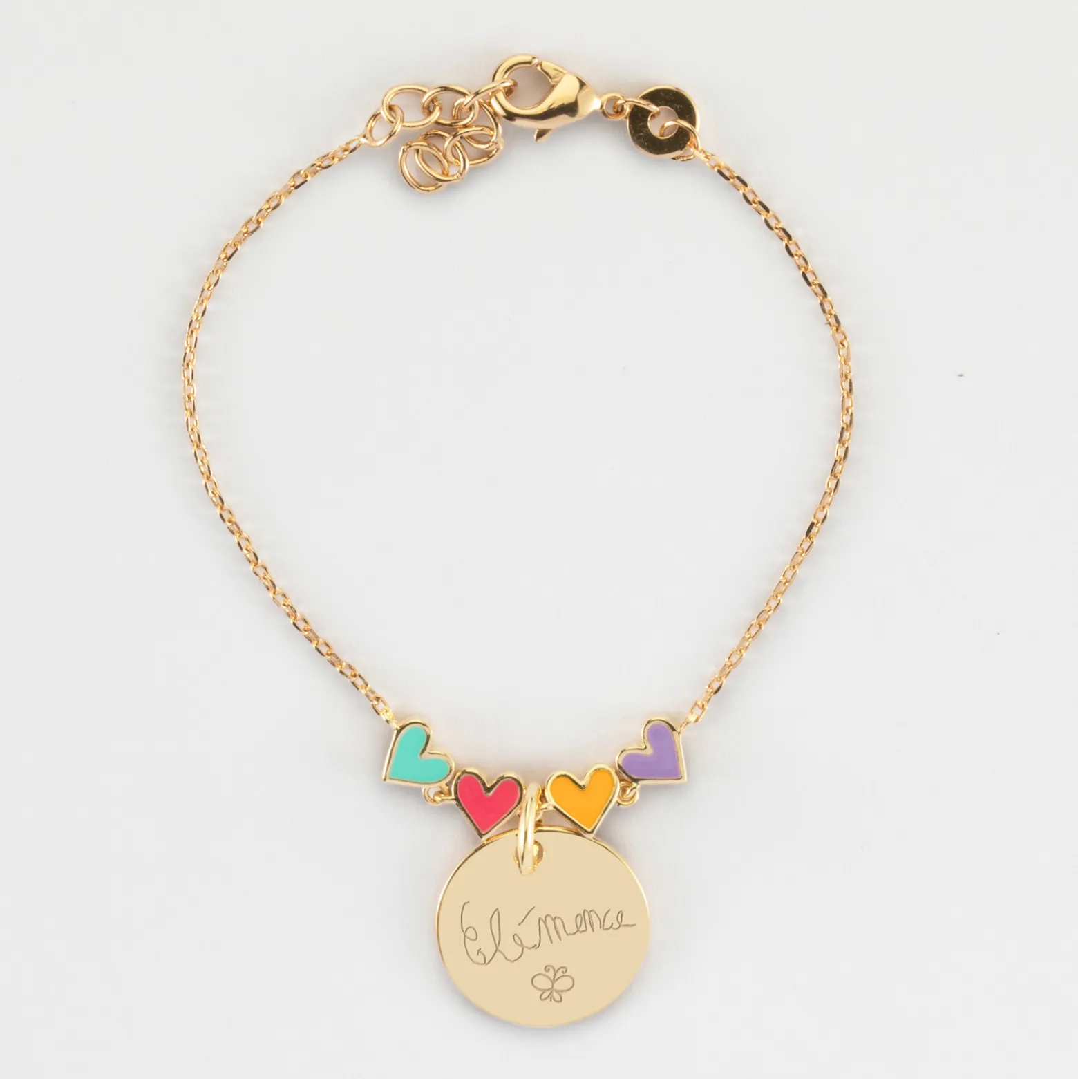 Bracelet chaîne enfant cœur email multicolore personnalisé médaille gravée plaqué or 15 mm