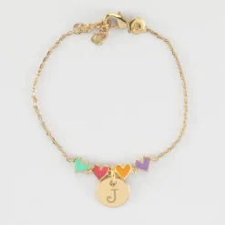Bracelet chaîne enfant cœur email multicolore personnalisé médaille gravée plaqué or 10 mm