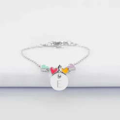 Bracelet chaîne enfant cœur email multicolore personnalisé médaille gravée argent 10 mm