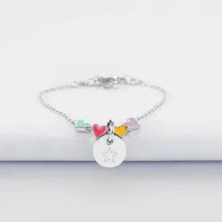 Bracelet chaîne enfant cœur email multicolore personnalisé médaille gravée argent 10 mm