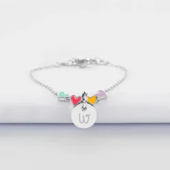 Bracelet chaîne enfant cœur email multicolore personnalisé médaille gravée argent 10 mm