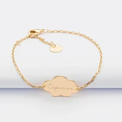 Bracelet chaîne enfant personnalisé médaille gravée plaqué or nuage 2 trous 20x14 mm