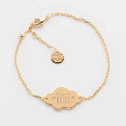Bracelet chaîne enfant personnalisé médaille gravée plaqué or nuage 2 trous 20x14 mm