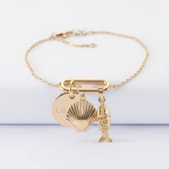 Bracelet chaîne ovale ouvert personnalisé médaille gravée plaqué or 15 mm et breloque(s) summer - à composer