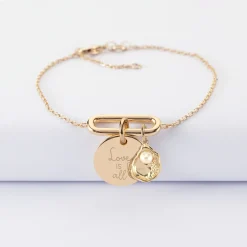 Bracelet chaîne ovale ouvert personnalisé médaille gravée plaqué or 15 mm et breloque(s) summer - à composer